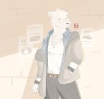 anthro belt bottomwear bracelet canid canine canis clothing collared_shirt dog_tags dress_shirt eyewear fur glasses hand_in_pocket head_tuft jacket jewelry male mammal necklace pants pockets portrait self_insert shirt snout solo three-quarter_portrait topwear tuft w0lfi wearing_glasses white_body white_fur wolf