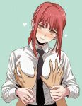  1girl black_necktie blush breast_grab chainsaw_man formal grabbing guided_breast_grab guiding_hand heart long_hair looking_at_viewer makima_(chainsaw_man) necktie orange_eyes ponytail pov red_hair shiren_(ourboy83) shirt sidelocks simple_background smile white_shirt 