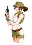  1girl belt black_panties breasts brown_eyes brown_hair cleavage crop_top fingerless_gloves fio_germi glasses gloves gun hat holding holding_gun holding_weapon metal_slug midriff no_bra open_mouth panties ponytail qkat_(arikawa-dou) revolver short_hair short_ponytail shorts simple_background solo teeth underwear upper_teeth vest weapon white_background 