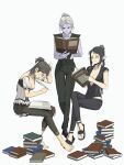  3girls absurdres arm_behind_back baldur&#039;s_gate baldur&#039;s_gate_3 barefoot black_hair black_pants book book_stack braid braided_ponytail breasts cleavage colored_skin crossed_legs dungeons_&amp;_dragons elf full_body grey_skin hair_bun hand_on_own_head highres holding holding_book holding_quill invisible_chair l_maria_427 long_hair minthara multiple_girls pants pointy_ears quill reading red_eyes sandals shadowheart_(baldur&#039;s_gate) single_braid single_hair_bun sitting studying tav_(baldur&#039;s_gate) white_background white_hair 
