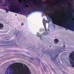  1girl absurdres asteroid bird_wings black_hair blue_capelet capelet closed_eyes final_fantasy final_fantasy_xiv highres meteion orbital_path planet reflection second_(byou) short_hair sky solo space star_(sky) starry_sky wide_shot winged_arms wings 