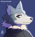  anthro beastars canid canine canis clothed clothing coat cosmic_noodle digital_media_(artwork) fur grey_body grey_fur hi_res legoshi_(beastars) looking_at_viewer male mammal multicolored_body multicolored_fur notched_ear one_eye_closed scar simple_background smile snow snowing solo topwear white_body white_fur wolf 