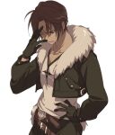  1boy belt black_gloves blue_eyes brown_hair echo_(circa) final_fantasy final_fantasy_viii fur_trim gloves jacket male_focus one_eye_closed open_mouth scar scar_on_face simple_background solo squall_leonhart white_background 