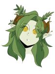 2021 anthro digital_drawing_(artwork) digital_media_(artwork) eye_through_hair female glowyskull green_body green_hair green_skin hair humanoid humanoid_pointy_ears leaf_(glowyskull) leaf_hair_accessory nymph pointy_ears pseudo_horn solo translucent translucent_hair wood wooden_horn yellow_eyes yellow_sclera
