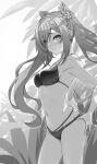  1girl ataru_(cha2batake) bangs bikini blush braid braided_bangs breasts closed_mouth double_bun genshin_impact greyscale hair_bun hair_ornament hands_on_hips highres keqing_(genshin_impact) long_hair looking_at_viewer medium_breasts monochrome plant sidelocks skindentation solo sweat swimsuit twintails very_long_hair 