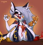 2025 anthro areola big_areola big_breasts black_body black_fur black_nose breast_rest breasts canid canid_demon canine clothing collar demon digital_drawing_(artwork) digital_media_(artwork) ear_piercing ear_ring english_description erect_nipples eyebrow_piercing facial_piercing female food food_fetish food_play fur grey_areola grey_body grey_fur grey_hair grey_nipples hair hellaverse hellhound helluva_boss hi_res hot_dog huge_breasts ketchup ketchup_bottle loona_(helluva_boss) mammal messy_eater mustard mustard_bottle mythological_canine mythological_creature mythology nipples notched_ear open_mouth piercing red_sclera ring_piercing solo spiked_collar spikes tongue tongue_out vortrexmania wardrobe_malfunction white_eyes