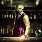  1boy black_vest bottle collared_shirt death_parade decim_(death_parade) drink hair_over_one_eye limited_palette long_sleeves male_focus senda_satoru shirt short_hair signature solo upper_body vest white_hair white_shirt 