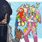  2girls animal_on_arm animal_on_head animal_on_shoulder bird bird_on_arm bird_on_head bird_on_leg bird_on_shoulder blonde_hair blue_background blue_hair bon_(rump) cockatiel commentary_request cone_hair_bun double_bun emphasis_lines feet_out_of_frame fukurai_azami hair_bun hood hood_down hoodie jasmine_(toshi_densetsu_kaitai_center) jumpsuit long_sleeves multiple_girls nervous_sweating on_head parrot pink_jumpsuit short_hair standing surrounded sweat too_many too_many_birds toshi_densetsu_kaitai_center translation_request white_hoodie 