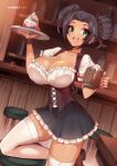  :d bar_stool black_hair black_skirt bottle breasts cleavage commission corset cowboy_shot cup dark-skinned_female dark_skin dirndl double_bun food frilled_skirt frills fruit german_clothes green_eyes hair_bun highres holding holding_cup holding_tray indoors large_breasts miniskirt narrow_waist original parfait puffy_short_sleeves puffy_sleeves shirt short_sleeves skirt smile stool strawberry thighhighs tray virus-g waitress white_shirt white_thighhighs 