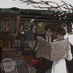  2boys absurdres bare_tree black_coat black_eyes black_hair black_necktie book book_stand branch coat collared_shirt cowboy_shot falling_petals highres holding holding_newspaper kim_dokja male_focus multiple_boys necktie newspaper omniscient_reader's_viewpoint outdoors petals poster_(object) reading shirt short_hair too_many too_many_books tree typo_koneko white_coat white_shirt yoo_joonghyuk 