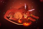  absurdres animal animal_earrings artist_name body_markings charmander closed_eyes cuddling curled_up facial_mark feather_hair_ornament feathers final_fantasy final_fantasy_vii fire flame-tipped_tail hair_between_eyes hair_ornament highres no_humans orange_fur pokemon pokemon_(creature) red_hair red_xiii scar scar_across_eye scar_on_face sidelocks skirtzzz sleeping tail 