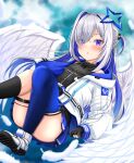  1girl :o absurdres amane_kanata angel_wings asymmetrical_legwear belt black_dress black_gloves black_socks blue_belt blue_hair blue_thighhighs blush colored_inner_hair commentary_request dress feathered_wings feathers flying gloves gradient_dress grey_hair hachi7515 hair_intakes hair_ornament hair_over_one_eye hairclip halo highres hololive jacket jewelry kneehighs knees_up long_hair long_sleeves looking_at_viewer mismatched_legwear multicolored_hair necklace official_alternate_costume official_alternate_hair_length official_alternate_hairstyle parted_lips partially_fingerless_gloves pleated_dress puffy_long_sleeves puffy_sleeves purple_eyes shoes short_dress single_kneehigh single_sock single_thighhigh sleeveless sleeveless_dress sneakers socks solo star_(symbol) star_halo star_necklace surprised thigh_strap thighhighs two_side_up uneven_legwear virtual_youtuber white_footwear white_jacket white_wings wings 