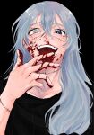  1boy black_background blood blood_on_face blood_on_hands blue_eyes blue_hair evil_smile grey_eyes heterochromia highres jujutsu_kaisen licking_blood long_hair mahito_(jujutsu_kaisen) male_focus miyo_k_4432 portrait smile solo stitched_face stitched_neck stitched_wrist stitches 