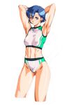  1girl arms_behind_head arms_up blue_eyes blue_hair colored_pubic_hair looking_at_viewer navel nipples pubic_hair qkat_(arikawa-dou) see-through short_hair simple_background solo sportswear super_real_mahjong sweat white_background yuu_(super_real_mahjong) 