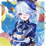  1girl :d absurdres balloon blue_eyes blue_hair blue_jacket blue_sky border bow brooch cake cloud day drop-shaped_pupils food frills furina_(genshin_impact) genshin_impact gloves hair_between_eyes hair_over_one_eye hasana hat heterochromia highres holding holding_plate jacket jewelry long_hair long_sleeves looking_at_viewer miyoushe_watermark multicolored_hair open_mouth plate ribbon shirt sky smile solo symbol-shaped_pupils upper_body watermark white_gloves white_hair 