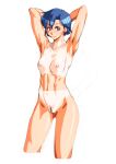  1girl arms_behind_head arms_up blue_eyes blue_hair looking_at_viewer nipples nude pubic_hair qkat_(arikawa-dou) short_hair simple_background smile solo super_real_mahjong tan tanlines white_background yuu_(super_real_mahjong) 