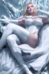  1girl blonde_hair blue_eyes boots breasts cape cleavage comic_cover cover_image crossed_legs elbow_gloves emma_frost eyeshadow fur-trimmed_cape fur_trim gloves head_tilt highres leotard looking_at_viewer makeup marvel medium_breasts official_art purple_eyeshadow realistic sitting solo stanley_lau thigh_boots throne white_cape white_footwear white_gloves white_leotard x-men 