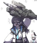  2girls absurdly_long_hair aris_(blue_archive) armored_core armored_core_vi:_fires_of_rubicon bird blue_eyes blue_halo breasts crow halo highres jacket jitome kai_xin long_hair medium_hair multiple_girls necktie open_clothes open_jacket open_mouth pile_bunker pleated_skirt red_halo signature simple_background skirt smile sparkle thumbs_up very_long_hair white_background 