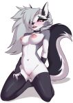  2022 anthro areola black_body black_fur blush breasts canid canid_demon collar demon female fur genitals grey_body grey_fur grey_hair hair hellhound helluva_boss hi_res kironzen kneeling looking_at_viewer loona_(helluva_boss) mammal multicolored_body multicolored_fur navel nipples open_mouth open_smile pussy simple_background smile solo spiked_collar spikes tongue tongue_out white_body white_fur 