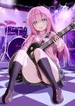  1girl absurdres bangs black_socks blue_eyes blush bocchi_the_rock! brown_footwear classic_(zildjian33) electric_guitar full_body gotou_hitori grey_skirt guitar hair_between_eyes hair_cubes hair_ornament hair_over_eyes highres holding holding_instrument instrument jacket jersey long_hair looking_at_viewer music one_side_up pink_hair pink_jacket plaid plaid_skirt playing_instrument pleated_skirt sitting skirt smile socks solo spread_legs 
