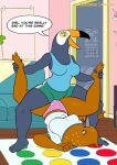  2022 4_toes 5_fingers adult_swim anthro avian beak bertie_(tuca_and_bertie) bird blue_body bottomwear breasts brown_body cartoon_network casual_clothing clothed clothing colored detailed_background digital_drawing_(artwork) digital_media_(artwork) dominant dominant_female duo eye_contact feathers feet female female/female fingers flat_colors foot_grab friends furniture hi_res imminent_sex legs_up looking_at_another looking_at_partner looking_pleasured netflix non-mammal_breasts on_ground open_beak open_mouth oscine partially_clothed passerine patreon patreon_logo pijama playful ramphastos sex shirt shorts sofa spots spotted_body spread_legs spreading stumbling submissive submissive_female thrush_(bird) toco_toucan toes topwear toucan tribadism tuca_(tuca_and_bertie) tuca_and_bertie twister uhmsprs underwear vaginal 