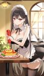  1girl absurdres apron artist_request bare_arms bare_shoulders black_hair bow bowtie breasts bright_pupils brown_thighhighs cleavage colored_inner_hair cowboy_shot detached_collar dress food frilled_dress frills highres holding ketchup_bottle large_breasts long_hair looking_at_viewer maid maid_apron maid_headdress multicolored_hair omelet omurice original red_eyes rie_(mirae_yang) sleeveless sleeveless_dress solo thighhighs very_long_hair waist_apron zettai_ryouiki 