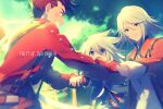  2boys blue_eyes brown_eyes brown_hair closed_mouth genis_sage gloves lloyd_irving long_hair multiple_boys open_mouth raine_sage smile tales_of_(series) tales_of_symphonia tree white_hair 