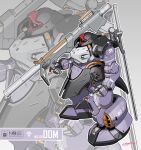  absurdres bazooka_(gundam) clenched_hand commentary dom_(mobile_suit) from_side gundam highres holding holding_weapon mecha mecha_focus mobile_suit mobile_suit_gundam no_humans ogyhara one-eyed purple_eyes qr_code robot science_fiction signature standing sword weapon zeon zoom_layer 