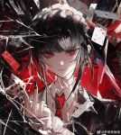  1girl absurdres black_hair black_jacket black_nails broken_glass card celestia_ludenberg collared_shirt danganronpa:_trigger_happy_havoc danganronpa_(series) dice dice_earrings dress_shirt drill_hair duoqing_tie_ban_shao earrings expressionless eyelashes floating floating_object frilled_headband glass highres holding holding_card jacket jewelry looking_at_viewer nail_polish poker red_eyes ringed_eyes shirt solo straight-on suit_jacket twin_drills upper_body watermark weibo_username weibo_watermark white_shirt 