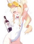  1girl absurdres animal_ear_fluff animal_ears blonde_hair blue_archive bottle breasts clothing_cutout covered_navel cross_halo diamond_cutout drunk fox_ears fox_girl fox_tail halo highleg highleg_one-piece_swimsuit highres hijo long_hair looking_at_viewer official_alternate_costume official_alternate_hairstyle one-piece_swimsuit orange-tinted_eyewear orange_eyes seia_(blue_archive) seia_(swimsuit)_(blue_archive) side_ponytail simple_background small_breasts solo sunglasses swimsuit tail tinted_eyewear visor_cap white_background white_one-piece_swimsuit wine_bottle yellow_halo yellow_visor 