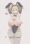  1girl agi_(gi60423540) animal_ears armpits arms_behind_head arms_up between_breasts black_bow black_gloves black_leotard black_pantyhose blonde_hair boku_no_hero_academia bow breasts colored_pencil_(medium) detached_collar double_bun elbow_gloves fake_animal_ears gloves hair_bun heart highres large_areolae large_breasts leotard looking_at_viewer money money_tuck nipples object_in_panties pantyhose playboy_bunny rabbit rabbit_ears short_hair signature simple_background smile solo spoken_heart strapless strapless_leotard sweat thighband_pantyhose toga_himiko traditional_media white_background yellow_eyes 