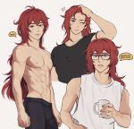  1boy abs alternate_costume black_shirt boxers contemporary cup diluc_(genshin_impact) english_text genshin_impact glasses highres holding holding_cup izeichan long_hair looking_at_viewer male_focus male_underwear mug multiple_views one_eye_closed red_eyes red_hair shirt speech_bubble topless_male underwear white_background white_shirt 