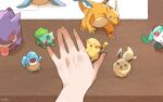  1girl aimaina ban_(ban62460424) bulbasaur charizard claws closed_eyes commentary_request computer eevee eyelid_pull fingernails gengar hand_focus hand_on_table lapras laptop open_mouth out_of_frame pikachu pocket_no_monster_(vocaloid) pokemon pokemon_(creature) pov pov_hands red_eyes squirtle tongue tongue_out twintails undersized_pokemon 