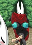2025 absurd_res anthro areola arthropod artist_name big_areola big_breasts big_nipples black_body blue_nipples blush breasts cloak clothing digital_drawing_(artwork) digital_media_(artwork) female flashing flashing_breasts hi_res hollow_knight:_silksong hollow_knight_(franchise) hornet_(hollow_knight) l3ftbl4nk nipples outdoor_nudity presenting shakra_(hollow_knight:_silksong) solo team_cherry text
