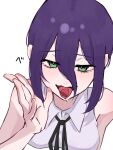  1girl absurdres black_ribbon chainsaw_man collared_shirt green_eyes hair_between_eyes highres looking_at_viewer namekuji1331 neck_ribbon open_mouth purple_hair reze_(chainsaw_man) ribbon severed_tongue shirt sleeveless sleeveless_shirt solo tongue tongue_out white_shirt 