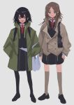  2girls bag black_eyes black_footwear black_hair black_pantyhose black_shirt black_skirt braid brown_coat brown_eyes brown_hair brown_socks buttons coat commentary double-breasted fangs full_body green_jacket grey_background highres hood hooded_jacket jacket long_hair looking_at_viewer multiple_girls neck_ribbon open_mouth original pantyhose ribbon school_uniform shirt shopping_bag short_hair side_braid simple_background skirt socks teeth upper_teeth window1228 