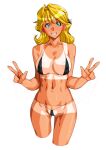  1girl areola_slip bikini black_bikini blonde_hair christine_garland double_v green_eyes long_hair looking_at_viewer navel pubic_hair pubic_hair_peek qkat_(arikawa-dou) simple_background smile solo super_real_mahjong swimsuit tan tanlines teeth v white_background 