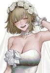  1girl absurdres bare_shoulders blonde_hair blush breasts bridal_veil bride choker cleavage closed_eyes dress dungeon_meshi falin_touden falin_touden_(tallman) flower gloves hair_flower hair_ornament highres large_breasts looking_at_viewer open_mouth rose short_hair simple_background smile solo strapless strapless_dress veil wedding_dress white_background white_dress white_flower white_gloves white_rose yorelle_ml 