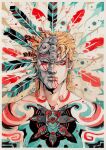  1boy absurdres araki_hirohiko_(style) aztec_(style) blonde_hair blood blood_from_mouth blood_on_face blood_on_mask bodypaint dio_brando earrings english_commentary eyeliner fang feathers hatching_(texture) highres jewelry jojo_no_kimyou_na_bouken makeup male_focus one_eye_closed painting_(medium) red_eyeliner red_eyes solo stand_(jojo) stardust_crusaders stone_mask_(jojo) tattoo the_world traditional_media watercolor_(medium) xfkart 