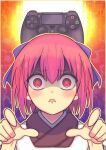  1girl @_@ blue_bow bow controller game_console game_controller hair_bow highres japanese_clothes kimono kohaku_(tsukihime) looking_at_viewer maid masatoshi_ikeda_(uug28aiuopy2six) open_mouth playstation_4 playstation_controller portrait red_hair short_hair solo tsukihime yellow_eyes 