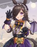  1girl absurdres alternate_costume animal_ears black_hair commentary_request fang gloves hair_over_one_eye halloween headband highres horse_ears horse_girl horse_tail jitsumuraakiho open_mouth paw_pose purple_eyes rice_shower_(umamusume) solo tail umamusume wings 