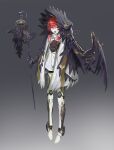  1girl android birdcage black_background black_eyes black_wings cage collared_shirt full_body gradient gradient_background grey_background highres holding holding_staff living_clothes long_hair long_sleeves looking_at_viewer mechanical_legs neck_ribbon open_mouth original red_hair red_ribbon ribbon shirt sidelocks solo staff standing tagme toriseka white_shirt wings 
