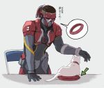  1boy animification apex_legends apex_legends_mobile arrow_(projectile) bodysuit brown_hair cat chakram collar covered_navel fade_(apex_legends) gloves grey_bodysuit grey_gloves jbo male_focus mask open_hand red_armor red_collar ribbed_bodysuit solo translated undercut weapon 