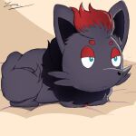  1:1 blue_eyes bored bored_expression catloaf fur furniture generation_5_pokemon grey_body grey_fur guide_lines hair hi_res loaf male nintendo pet pokemon pokemon_(species) red_hair resting shaded simple_background simple_coloring simple_shading sofa solo tired video_games zennybluegenesis zorua 