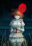  1girl absurdres balloon benzbt bishoujo_terror breasts brown_hair cleavage colored_skin dress highres holding holding_balloon it_(stephen_king) large_breasts lipstick looking_at_viewer makeup night outdoors pennywise puffy_short_sleeves puffy_sleeves short_sleeves smile solo thighhighs two_side_up white_dress white_skin yellow_eyes 