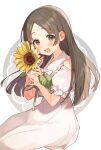  1girl :d blush brown_eyes brown_hair clothing_cutout dress flower gakuen_idolmaster highres holding holding_flower idolmaster kuramoto_china long_hair looking_at_viewer open_mouth parted_bangs puffy_short_sleeves puffy_sleeves short_sleeves shoulder_cutout smile solo sunflower teeth uminokaisen upper_teeth_only white_background white_dress 