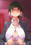 1girl absurdres anosillus_ii bangs black_hair blunt_bangs bra breasts choker cleavage flashing formal glasses gridman_universe highres id_card lanyard large_breasts looking_at_viewer mole mole_on_breast nail_polish open_clothes open_shirt orange_eyes paizuri_invitation pink_choker pink_nails purple_bra shirt sidelocks smile solo ssss.dynazenon suit twogie underwear white_shirt 