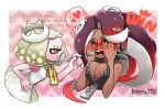 2girls artist_name blonde_hair blush breast_squeeze breasts cleavage covering_face dark-skinned_female dark_skin domino_mask feeding headphones heart highres large_breasts lesuna marina_(splatoon) mask mole mole_under_mouth multiple_girls pearl_(splatoon) red_hair splatoon_(series) splatoon_2 spoon sweat tentacle_hair thought_bubble zipper zipper_pull_tab 