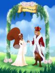  anthro arthur_pendragon blonde_hair boots bouquet brown_body brown_fur clothed clothing cloud crown digital_media_(artwork) disney dress duo eurasian_red_squirrel female flower flower_bouquet footwear freewingss fur grass hair hand_holding hazel_(the_sword_in_the_stone) human human_on_anthro interspecies jewelry male male/female mammal necklace plant robe rodent romantic romantic_couple sciurid sky smile the_sword_in_the_stone tree_squirrel watermark wedding wedding_dress 