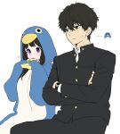  ... 1boy 1girl animal_costume artist_logo bangs black_hair blush brown_hair buttons chitanda_eru cosplay gakuran green_eyes highres hyouka invisible_chair kigurumi long_hair long_sleeves mery_(yangmalgage) open_mouth oreki_houtarou penguin_costume school_uniform short_hair sitting watch wristwatch 